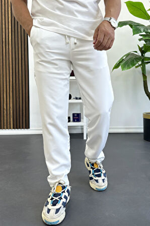 Erkek Slim Fit Beli İpli Düğmeli Pantolon Beyaz Edw403