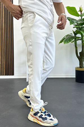 Erkek Slim Fit Beli İpli Düğmeli Pantolon Beyaz Edw403