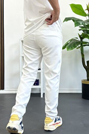 Erkek Slim Fit Beli İpli Düğmeli Pantolon Beyaz Edw403