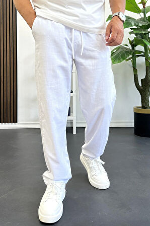 Erkek Rahat Kalıp Keten Görünümlü Pamuklu Beli Lastikli Pantolon Beyaz Edw404