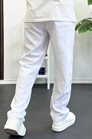 Erkek Rahat Kalıp Keten Görünümlü Pamuklu Beli Lastikli Pantolon Beyaz Edw404