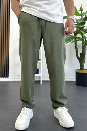 Erkek Rahat Kalıp Keten Görünümlü Pamuklu Beli Lastikli Pantolon Yeşil Edw404