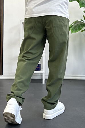 Erkek Rahat Kalıp Keten Görünümlü Pamuklu Beli Lastikli Pantolon Yeşil Edw404