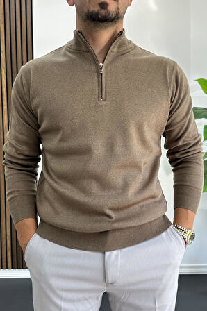 Erkek Yarım Fermuarlı Normal Kalıp Kazak Kahverengi Edw411