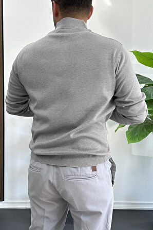 Erkek Yarım Fermuarlı Normal Kalıp Kazak Gri Edw411