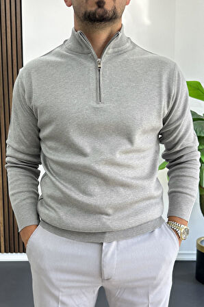 Erkek Yarım Fermuarlı Normal Kalıp Kazak Gri Edw411