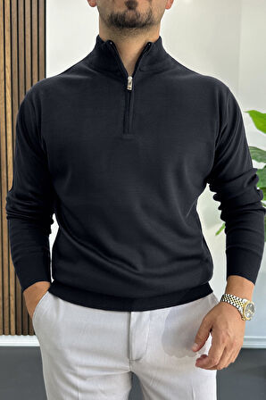 Erkek Yarım Fermuarlı Normal Kalıp Kazak Lacivert Edw411