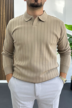 Erkek Açık Yaka Normal Kalıp Kazak Vizon Edw412