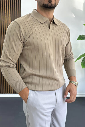 Erkek Açık Yaka Normal Kalıp Kazak Vizon Edw412