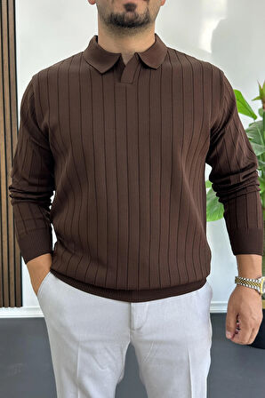 Erkek Açık Yaka Normal Kalıp Kazak Kahverengi Edw412