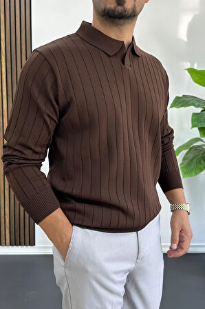 Erkek Açık Yaka Normal Kalıp Kazak Kahverengi Edw412