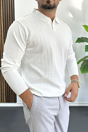 Erkek Açık Yaka Normal Kalıp Kazak Beyaz  Edw412