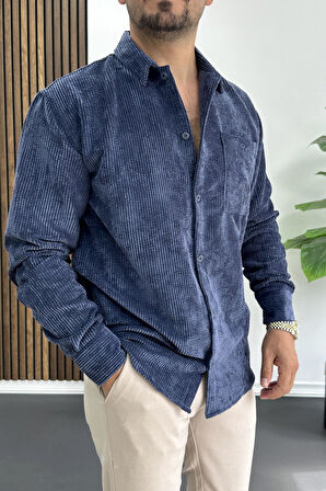 Erkek Kadife Kumaş Gömlek Mavi Edw415