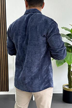 Erkek Kadife Kumaş Gömlek Mavi Edw415