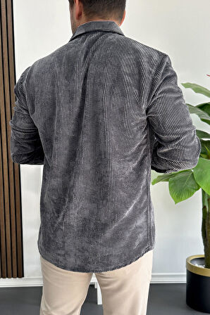 Erkek Kadife Kumaş Gömlek Füme Edw415