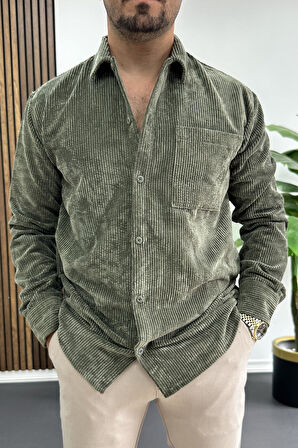 Erkek Kadife Kumaş Gömlek Yeşil Edw415