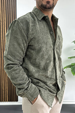 Erkek Kadife Kumaş Gömlek Yeşil Edw415