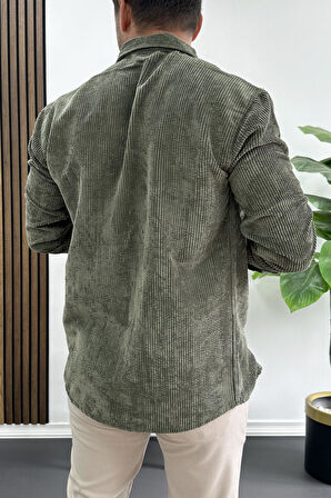 Erkek Kadife Kumaş Gömlek Yeşil Edw415