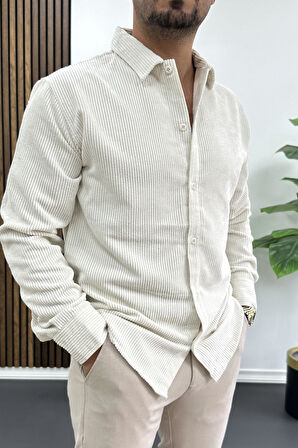 Erkek Kadife Kumaş Gömlek Beyaz Edw415