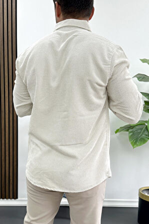 Erkek Kadife Kumaş Gömlek Beyaz Edw415