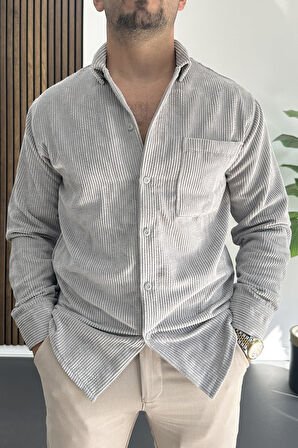 Erkek Kadife Kumaş Gömlek Gri Edw415