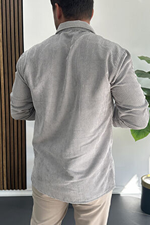 Erkek Kadife Kumaş Gömlek Gri Edw415