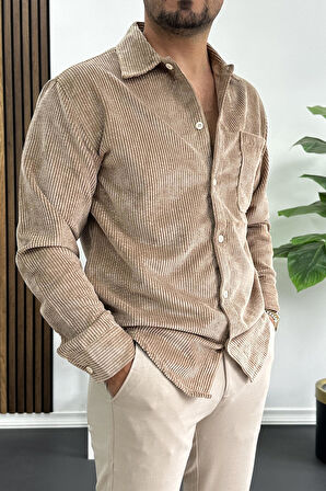Erkek Kadife Kumaş Gömlek Açık Kahverengi Edw415
