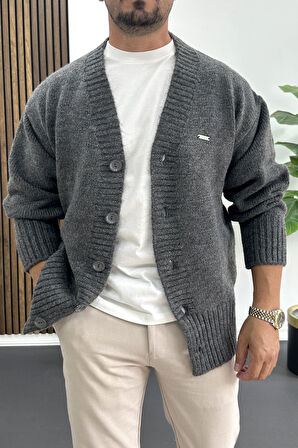 Erkek Düğmeli Rahat Kesim Hırka Antrasit Edw416