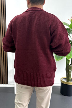 Erkek Düğmeli Rahat Kesim Hırka Bordo Edw416