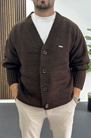 Erkek Düğmeli Rahat Kesim Hırka Kahverengi Edw416