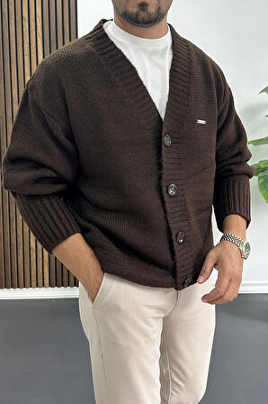 Erkek Düğmeli Rahat Kesim Hırka Kahverengi Edw416