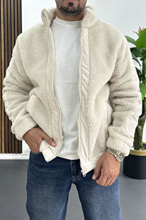 Erkek Normal Kalıp Peluş Mont Beyaz Edw417