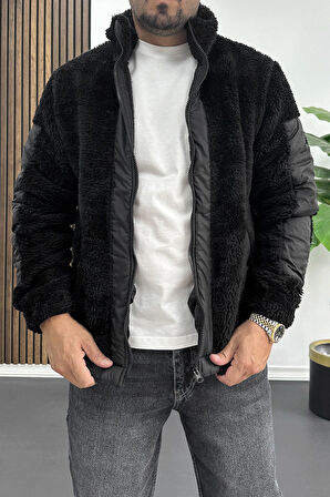 Erkek Normal Kalıp Peluş Mont Siyah Edw417