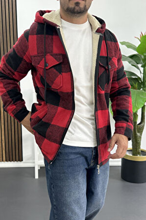 Erkek İçi Kürklü Kapüşonlu Ceket Kırmızı Edw418