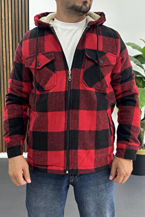 Erkek İçi Kürklü Kapüşonlu Ceket Kırmızı Edw418