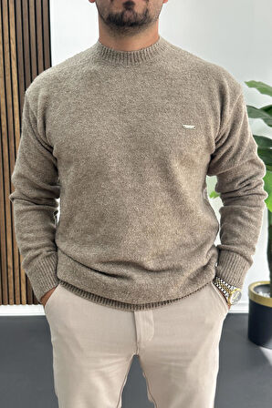 Erkek Bisiklet Yaka Buklet Kumaş Kazak Kahverengi Edw419