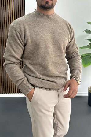 Erkek Bisiklet Yaka Buklet Kumaş Kazak Kahverengi Edw419