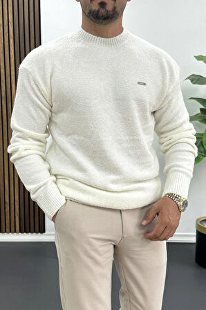 Erkek Bisiklet Yaka Buklet Kumaş Kazak Beyaz Edw419