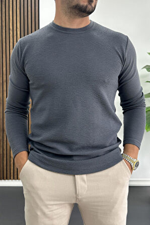 Erkek Oval Kesim Bisiklet Yaka Mevsimlik Sweatshirt Füme Edw421