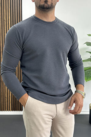 Erkek Oval Kesim Bisiklet Yaka Mevsimlik Sweatshirt Füme Edw421