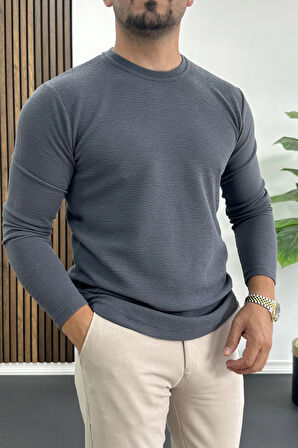 Erkek Oval Kesim Bisiklet Yaka Mevsimlik Sweatshirt Füme Edw421