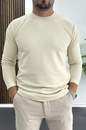 Erkek Oval Kesim Bisiklet Yaka Mevsimlik Sweatshirt Krem Edw421