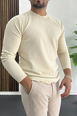 Erkek Oval Kesim Bisiklet Yaka Mevsimlik Sweatshirt Krem Edw421