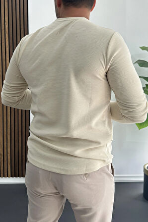 Erkek Oval Kesim Bisiklet Yaka Mevsimlik Sweatshirt Krem Edw421