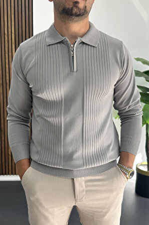 Erkek Çizgi Desenli Normal Kalıp Kazak Gri Edw422