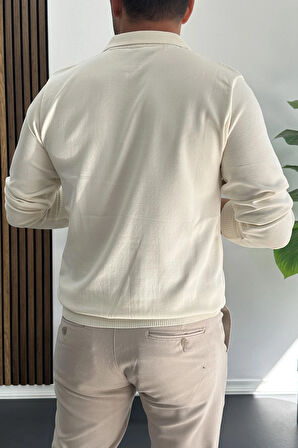 Erkek Çizgi Desenli Normal Kalıp Kazak Krem Edw422