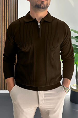 Erkek Çizgi Desenli Normal Kalıp Kazak Koyu Kahverengi Edw422