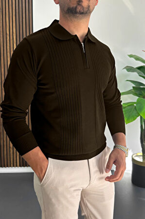 Erkek Çizgi Desenli Normal Kalıp Kazak Koyu Kahverengi Edw422