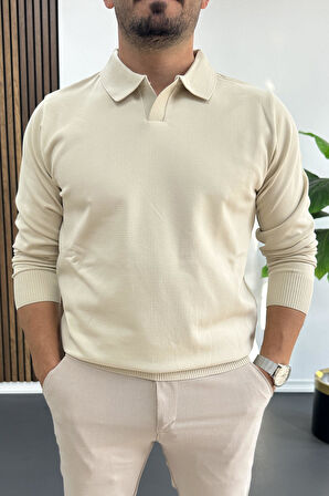 Erkek Açık Yaka Düz Desen Normal Kalıp Kazak Krem Edw423