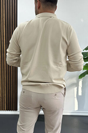 Erkek Açık Yaka Düz Desen Normal Kalıp Kazak Krem Edw423